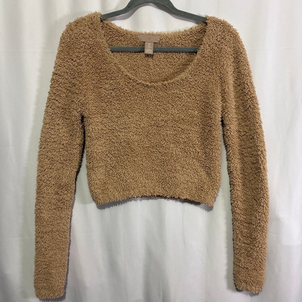 HM Teddy Knit Cropped Sweater Tan Brown Long Sleeve Scoop Neck Size Medium